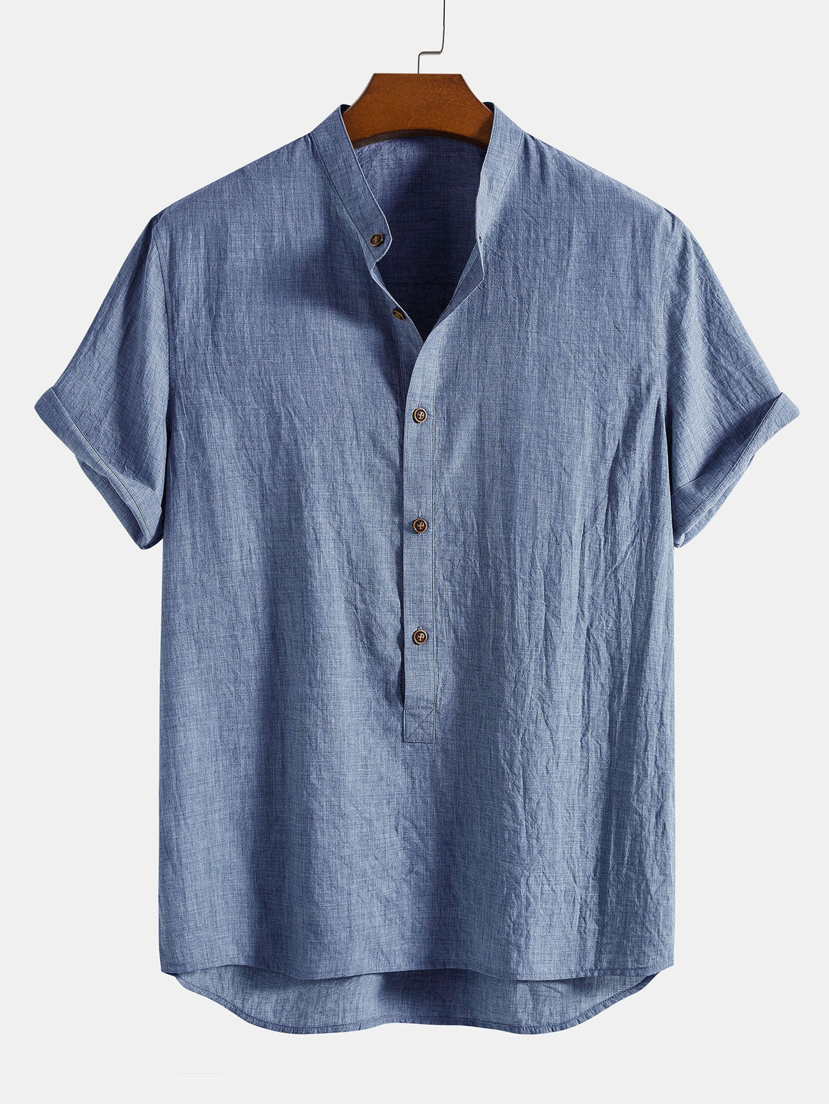 Camisa Henley con Medio Botón y Cuello con Tapeta y Pantalones de Lino de Pierna Recta