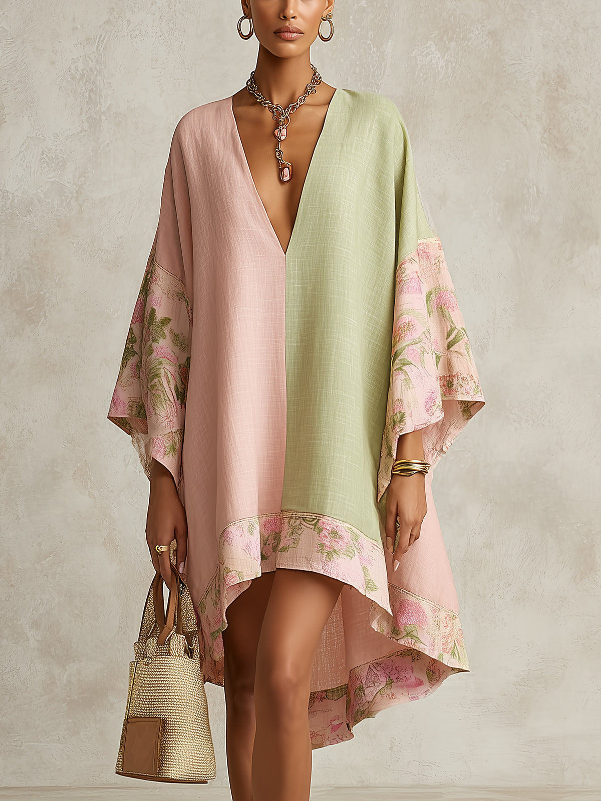 Vestido midi con bloques de color verde y rosa y ribete de flores