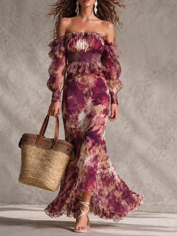 Vestido largo de gasa con flores rosas y hombros descubiertos