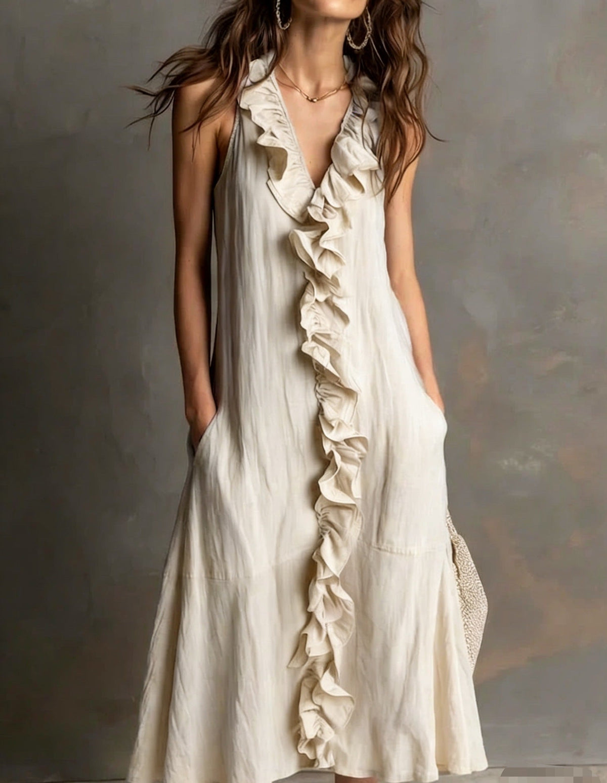 Vestido liso sin mangas con escote en pico y falda de vuelo con volantes