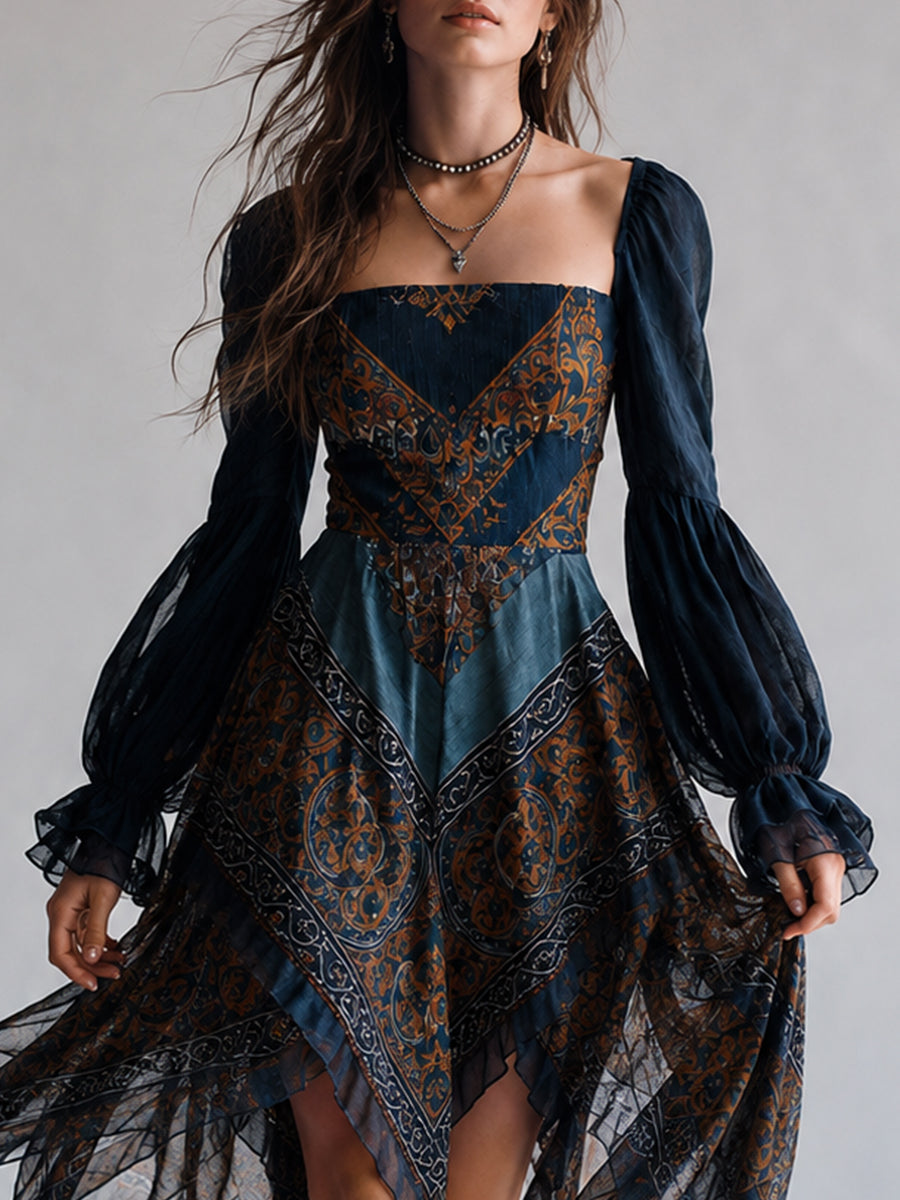 Vestido azul marino bohemio con estampado de cachemira y bajo de pañuelo
