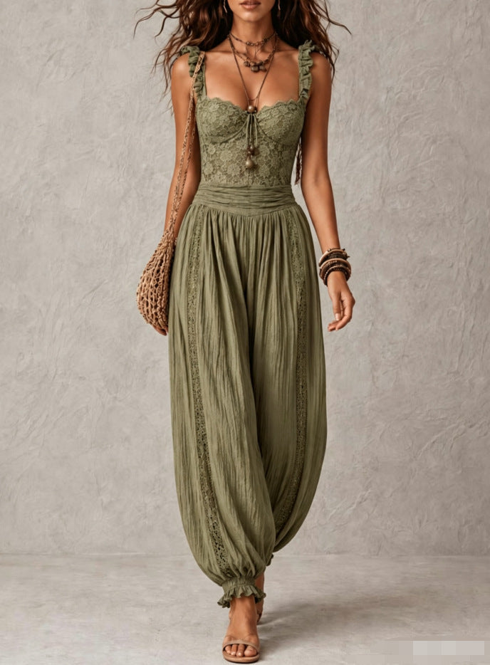 Conjunto gris de top bandeau de encaje y pantalón harén plisado de algodón