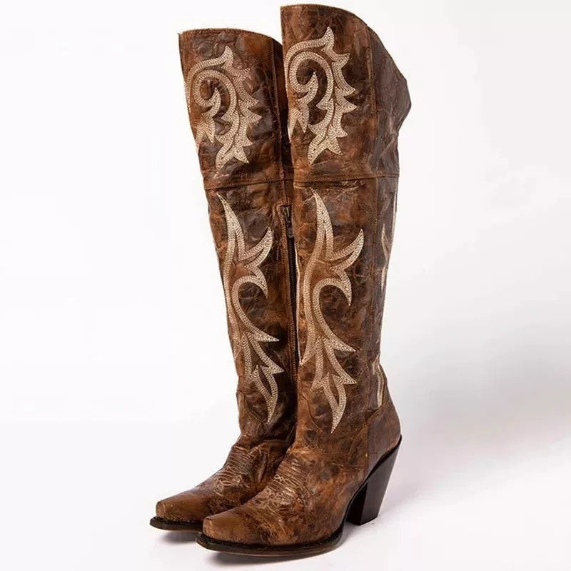 Botas altas retro estampadas con tacón grueso