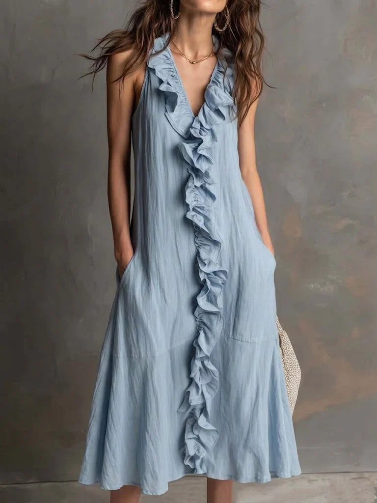 Vestido liso sin mangas con escote en pico y falda de vuelo con volantes