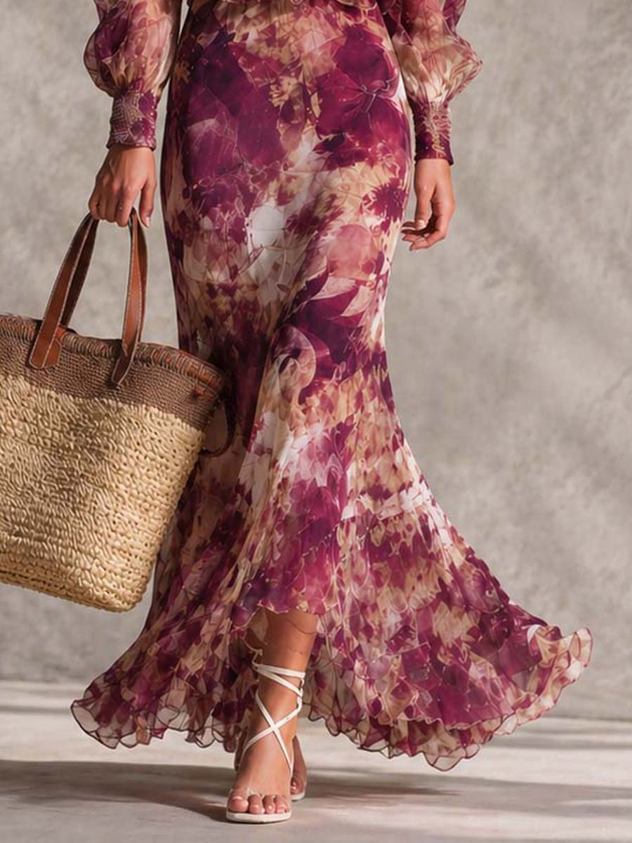 Vestido largo de gasa con flores rosas y hombros descubiertos