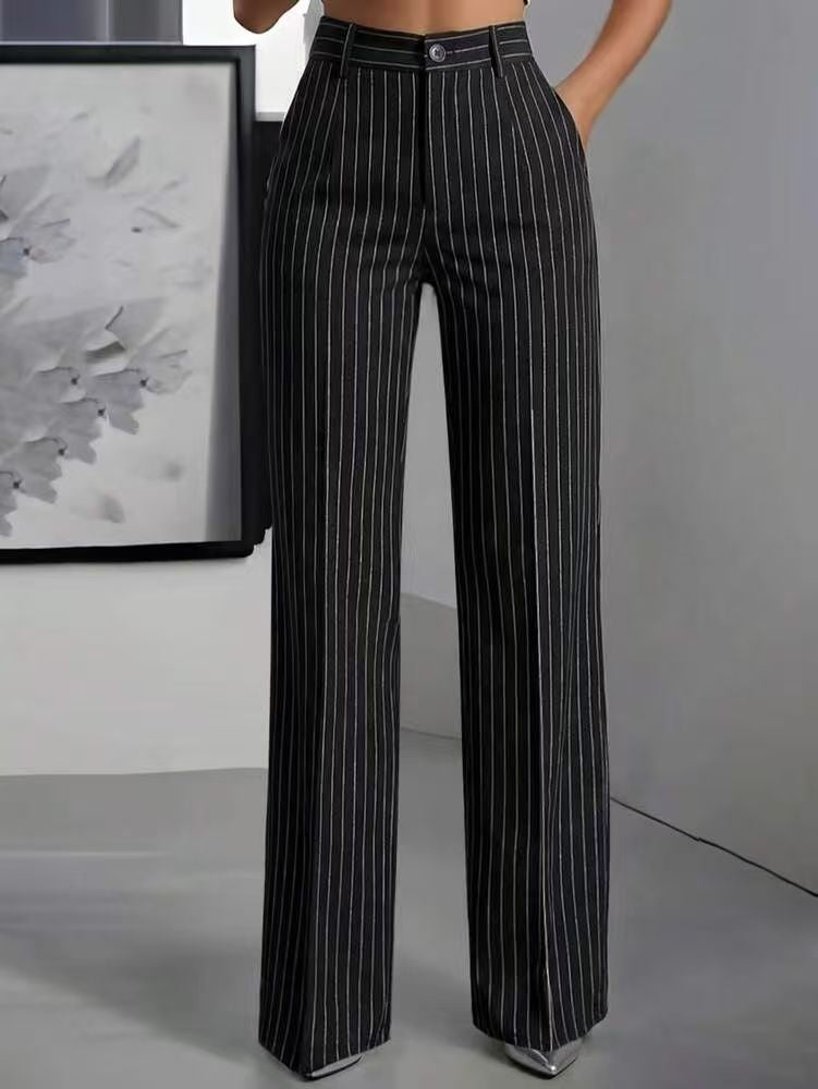 Pantalón de traje de talle alto, ancho y a rayas verticales, para ir a la oficina