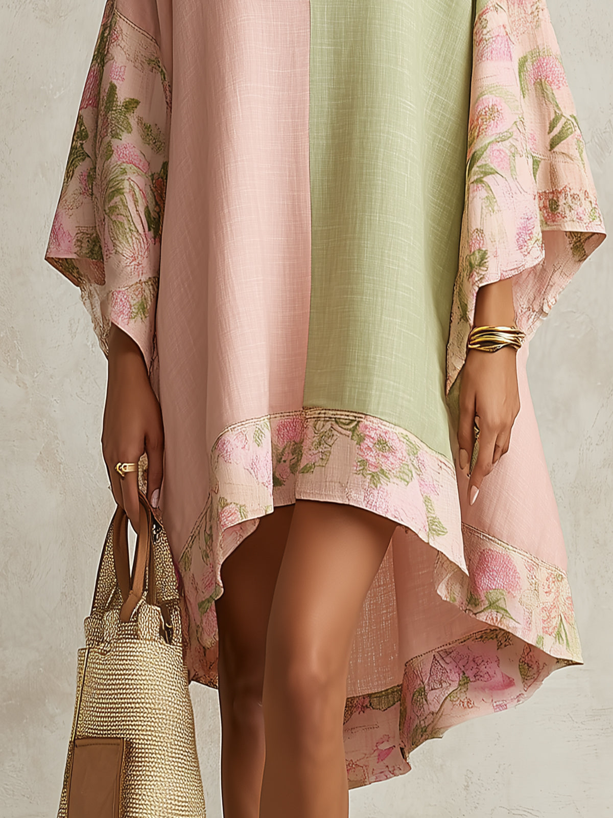 Vestido midi con bloques de color verde y rosa y ribete de flores