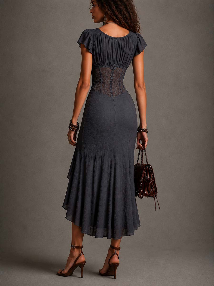 Vestido midi plisado de encaje en gris oscuro