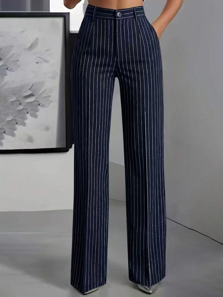 Pantalón de traje de talle alto, ancho y a rayas verticales, para ir a la oficina