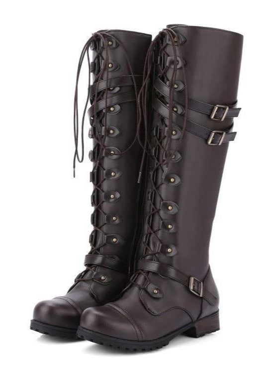 Botas de montar altas con cordones, hebilla y remaches