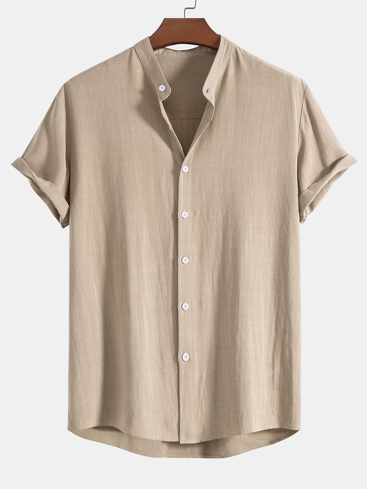 Camisa con Cuello de Pie de Mezcla de Lino y Rayón y Pantalones de Lino de Pierna Recta