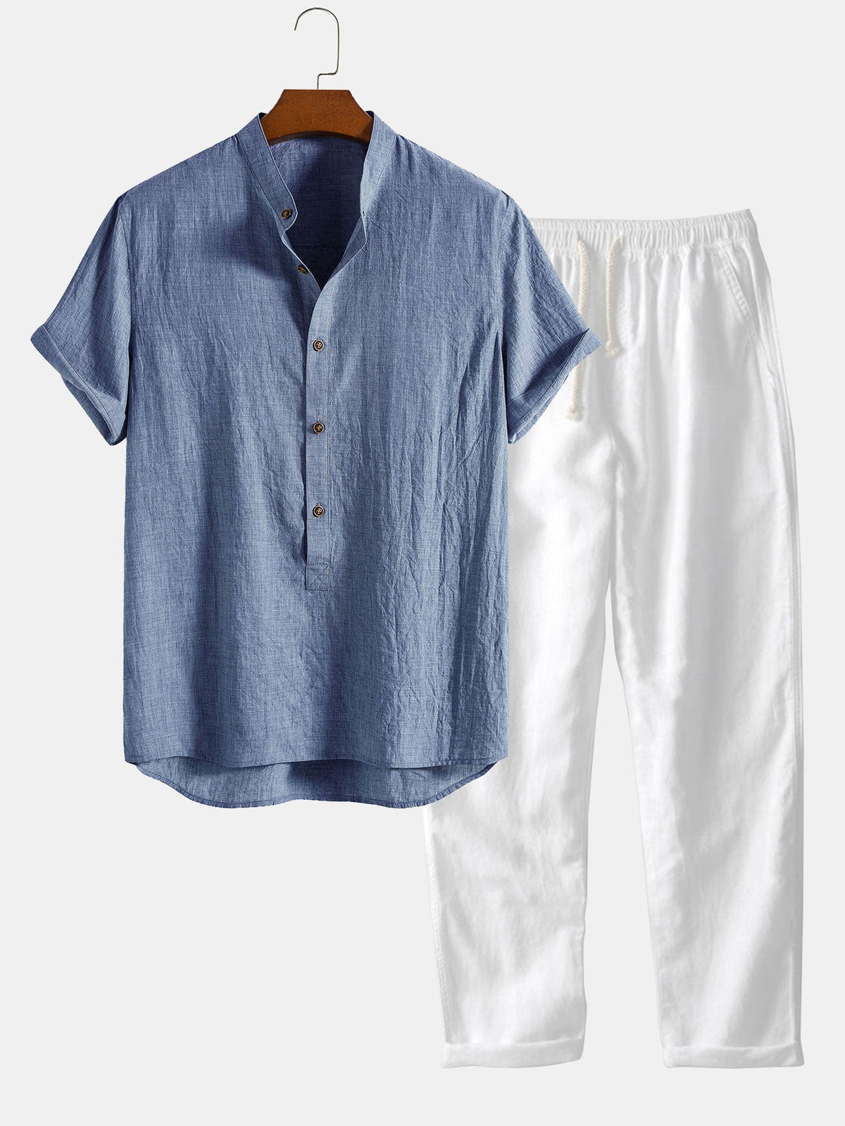 Camisa Henley con Medio Botón y Cuello con Tapeta y Pantalones de Lino de Pierna Recta
