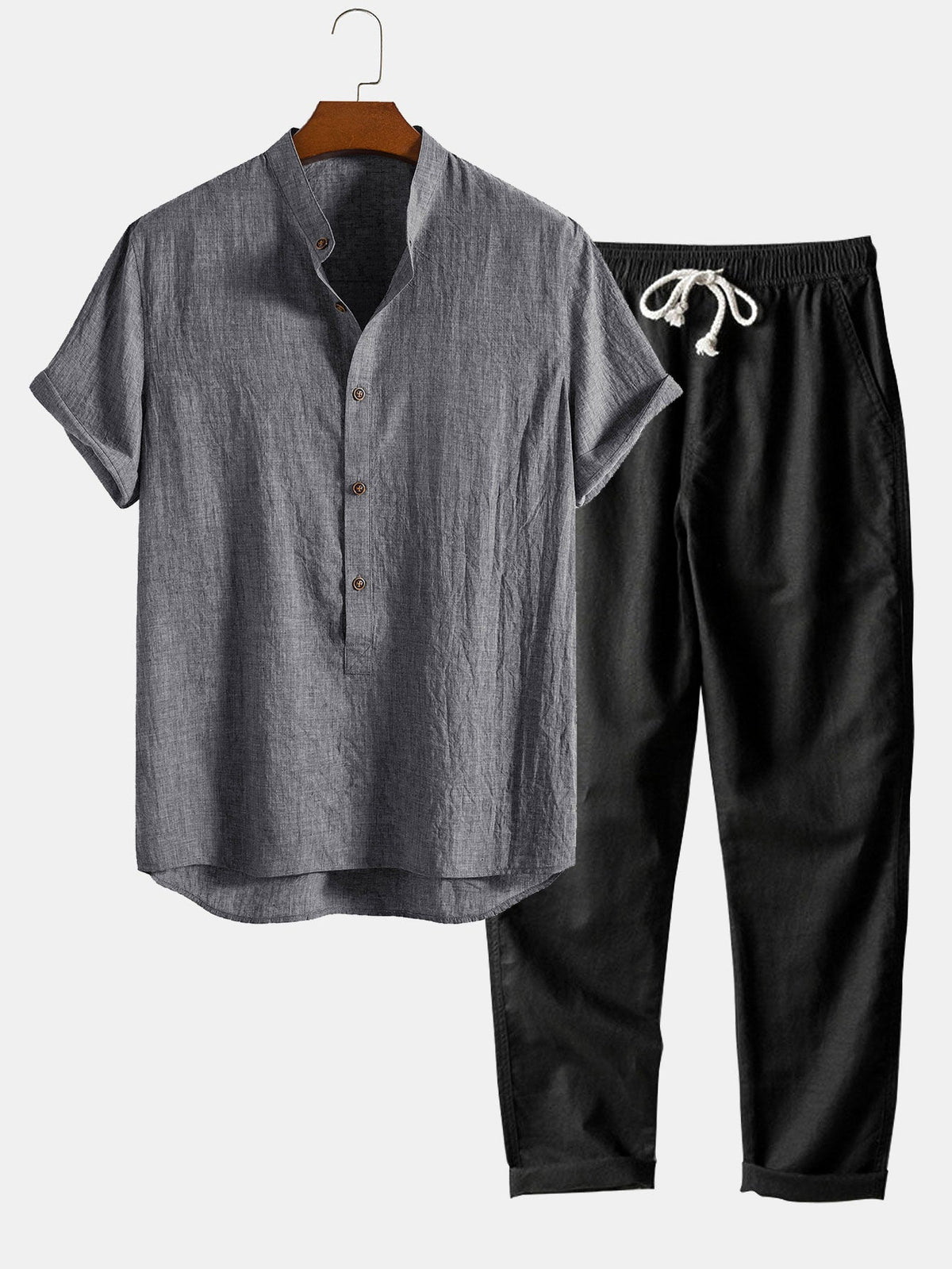 Camisa Henley con Medio Botón y Cuello con Tapeta y Pantalones de Lino de Pierna Recta