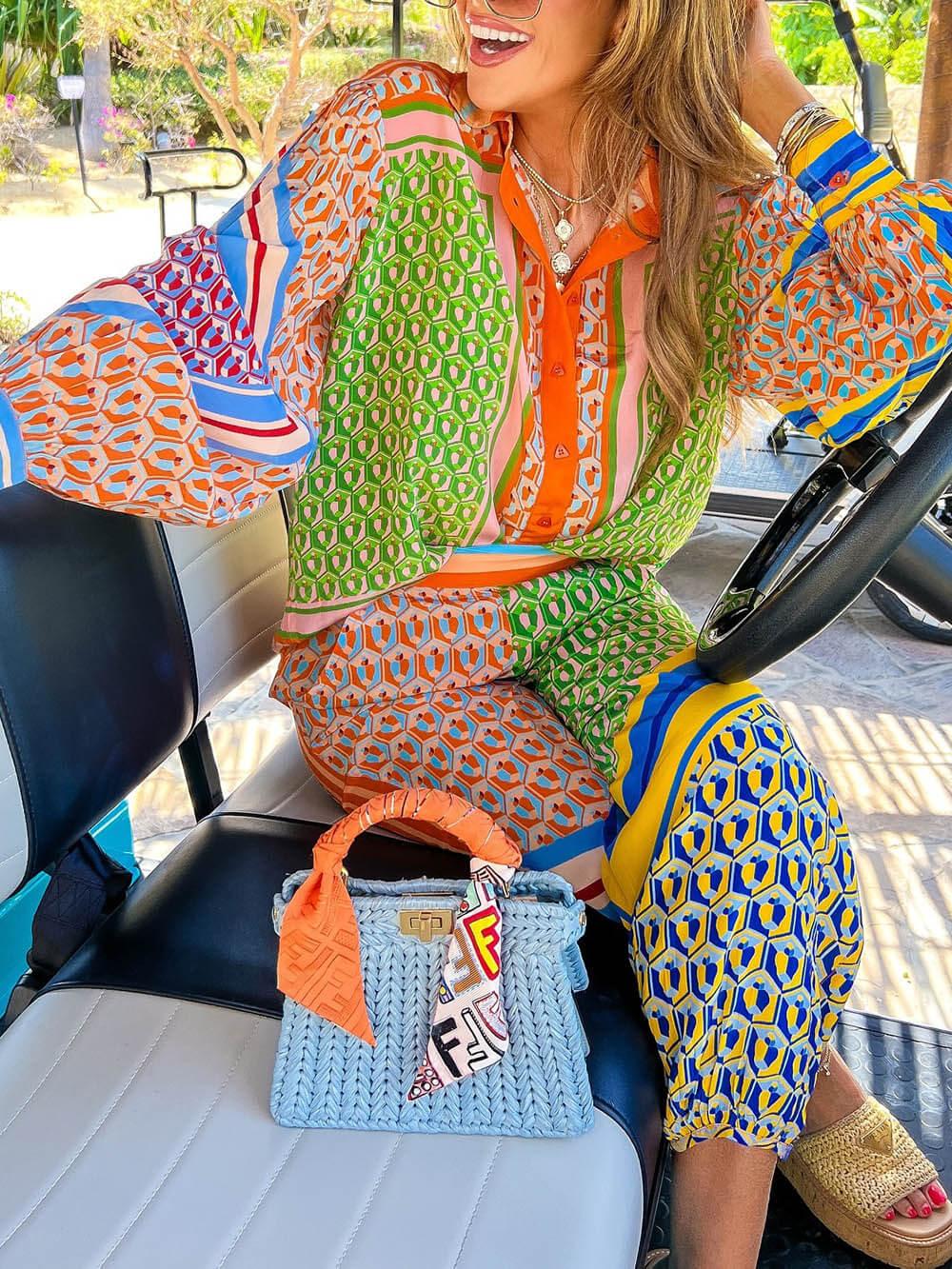 Pantalón bombacho holgado con estampado de colores, cintura elástica y bolsillos