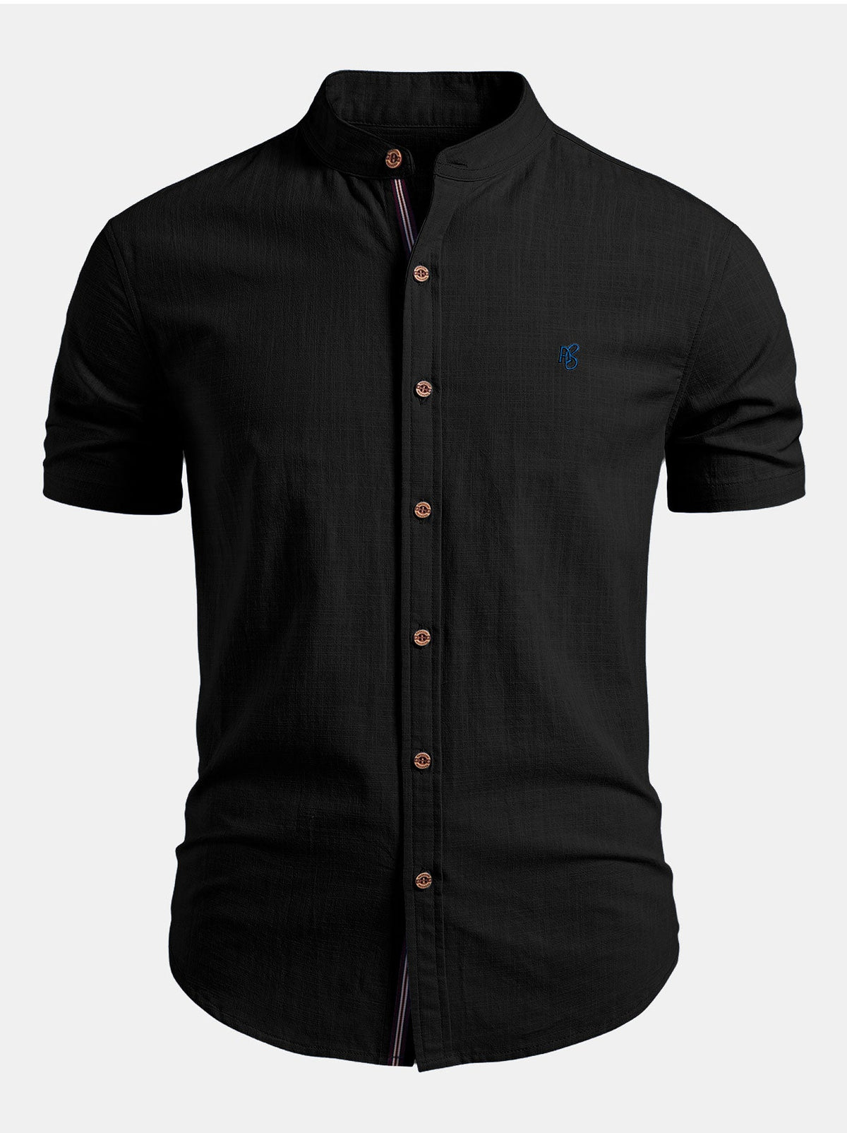 Camisa de lino de manga corta con cuello mao y pantalones de pierna recta con textura arrugada