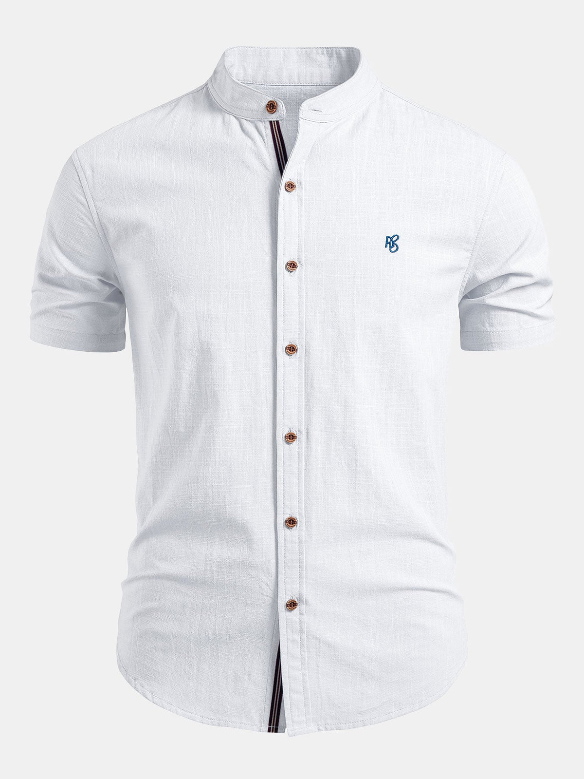 Camisa de lino de manga corta con cuello mao y pantalones de pierna recta con textura arrugada