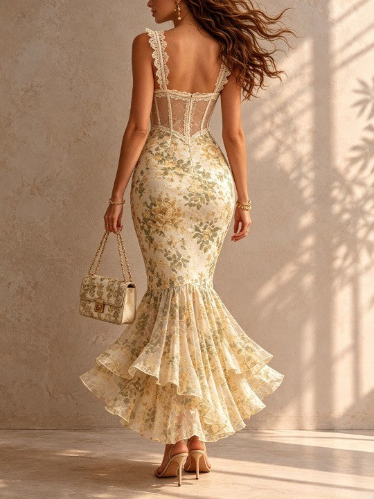 Vestido midi romántico de flores tipo sirena con ribete de encaje