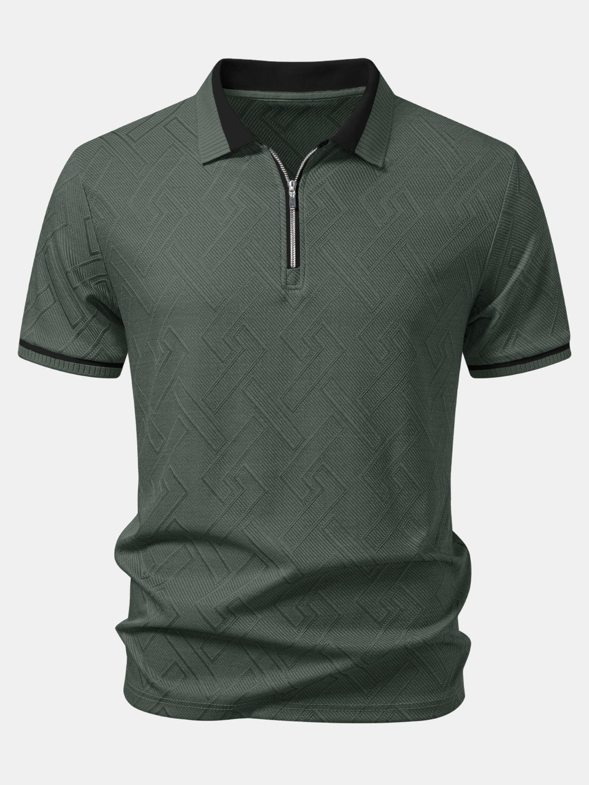 Polo de punto con cremallera, jacquard geométrico y ribete de contraste