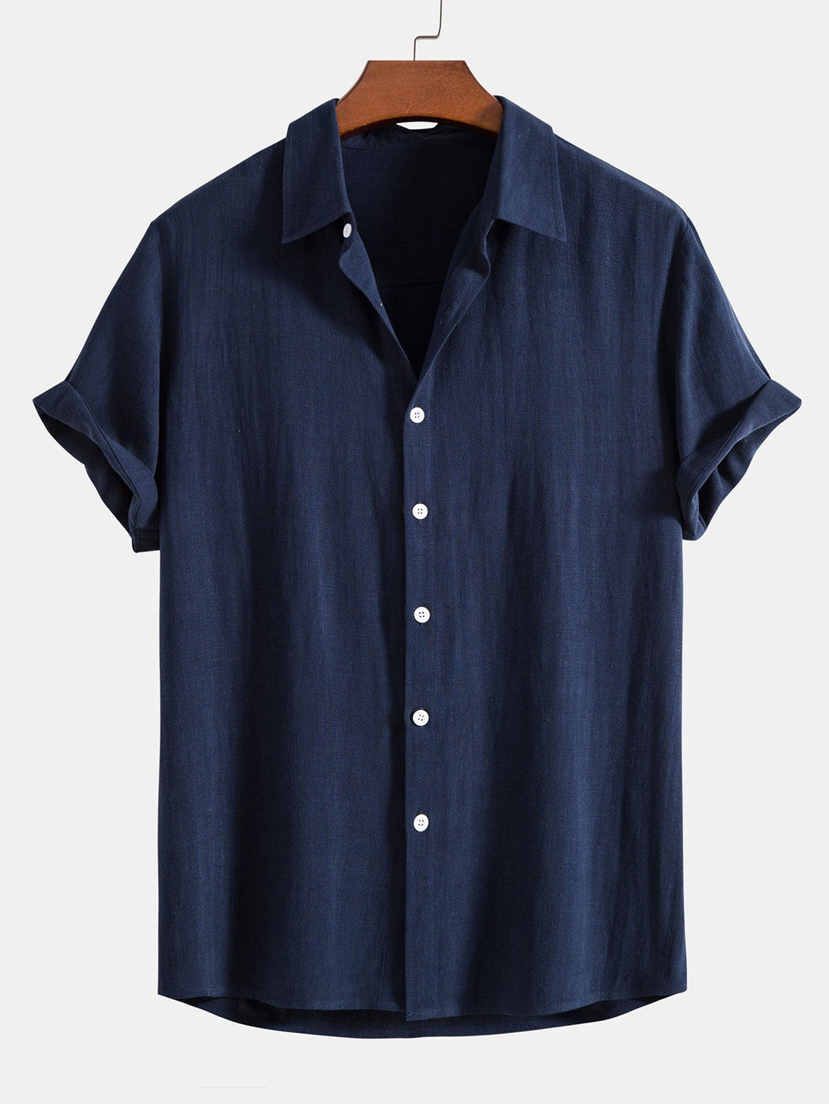 Camisa de Botones de Mezcla de Lino y Rayón & Pantalones cortos con Cordón de 5" con Textura Arrugada