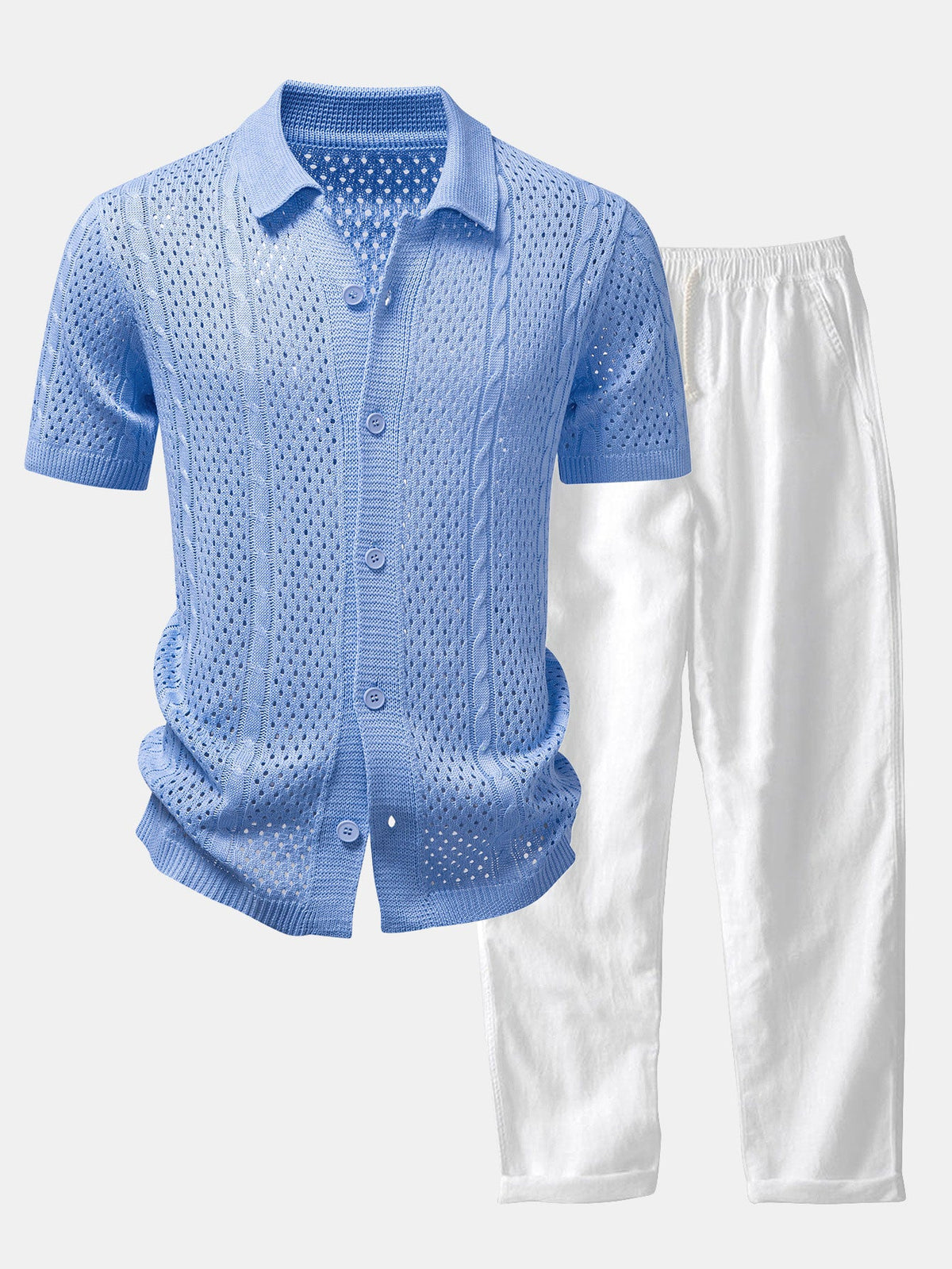 Camisa de punto abierta y pantalones de lino de pierna recta
