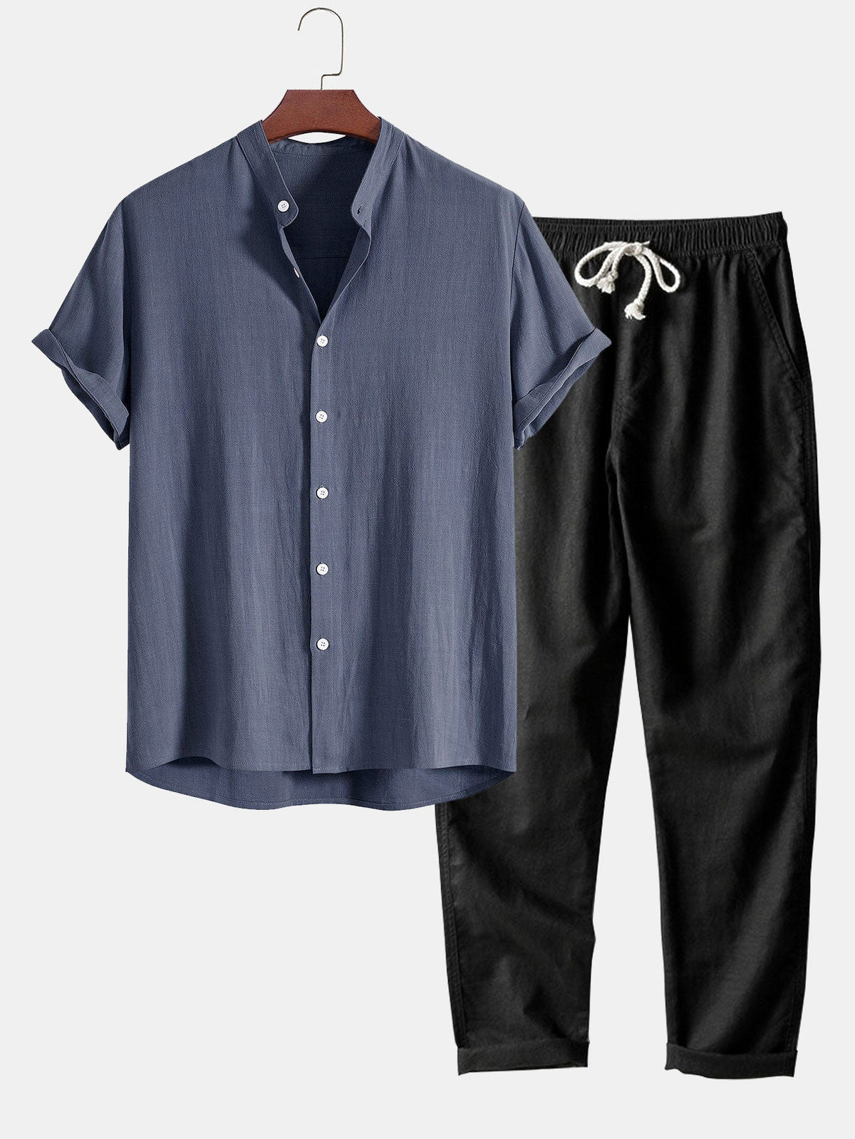 Camisa con Cuello de Pie de Mezcla de Lino y Rayón y Pantalones de Lino de Pierna Recta