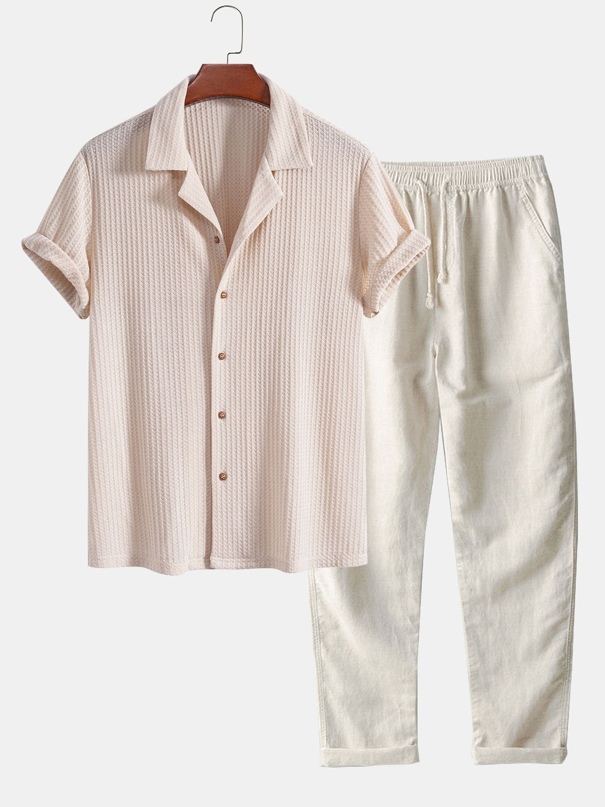 Camisa cubana de punto waffle de manga corta y pantalones de lino de pierna recta