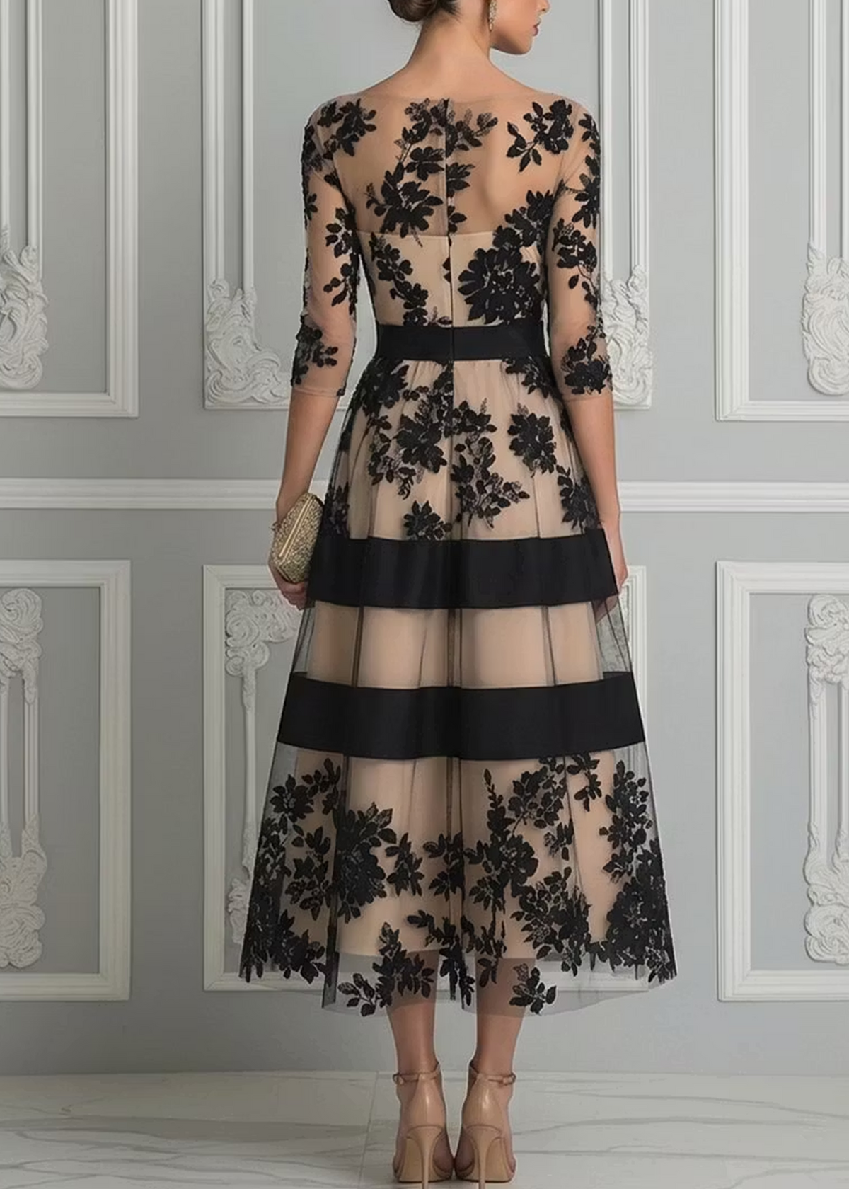 Vestido midi negro de encaje elegante con corte en A