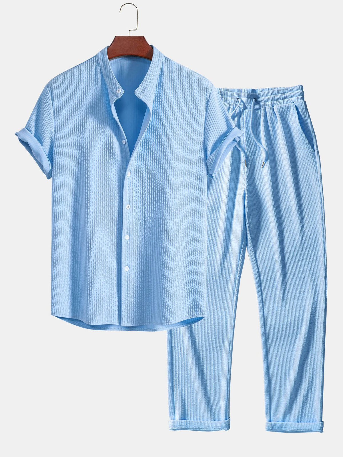 Camisa ajustada musculosa con cuello alto acanalado & Pantalones acanalados de pierna recta