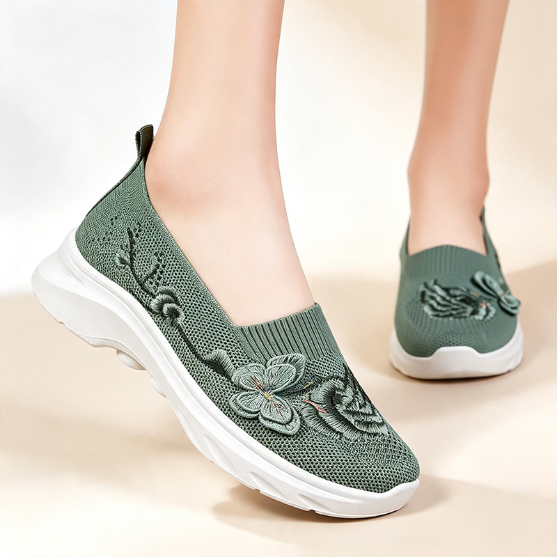 Zapatos de punto transpirable bordados con flores, con plataforma y sin cordones