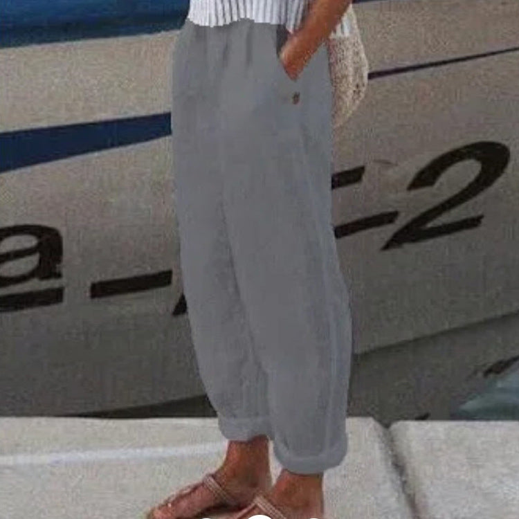Pantalón casual de algodón y lino de color liso