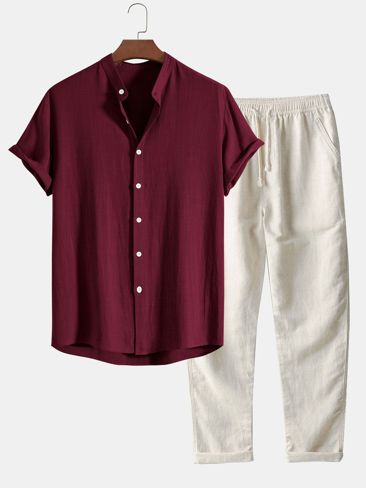 Camisa con Cuello de Pie de Mezcla de Lino y Rayón y Pantalones de Lino de Pierna Recta