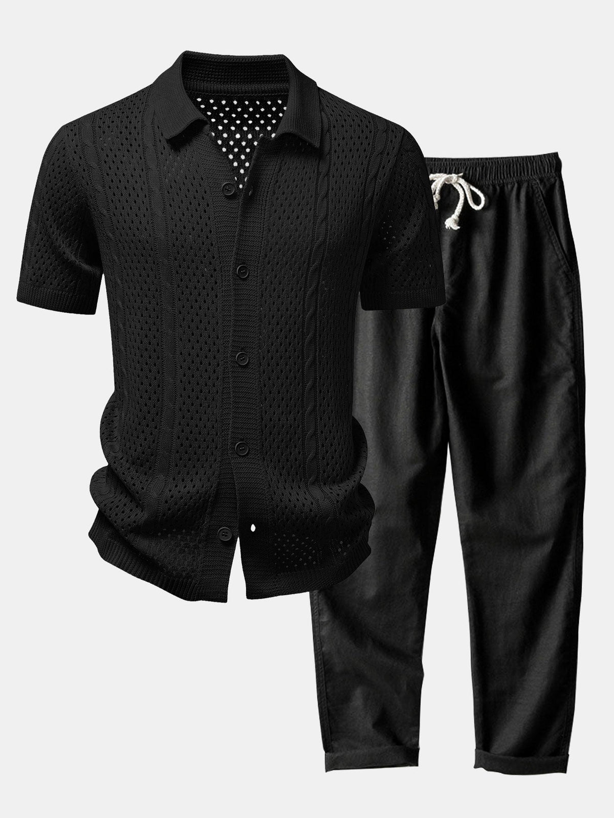 Camisa de punto abierta y pantalones de lino de pierna recta