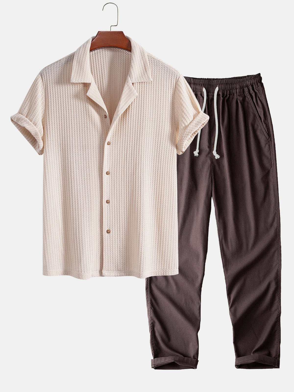 Camisa cubana de punto waffle de manga corta y pantalones de lino de pierna recta