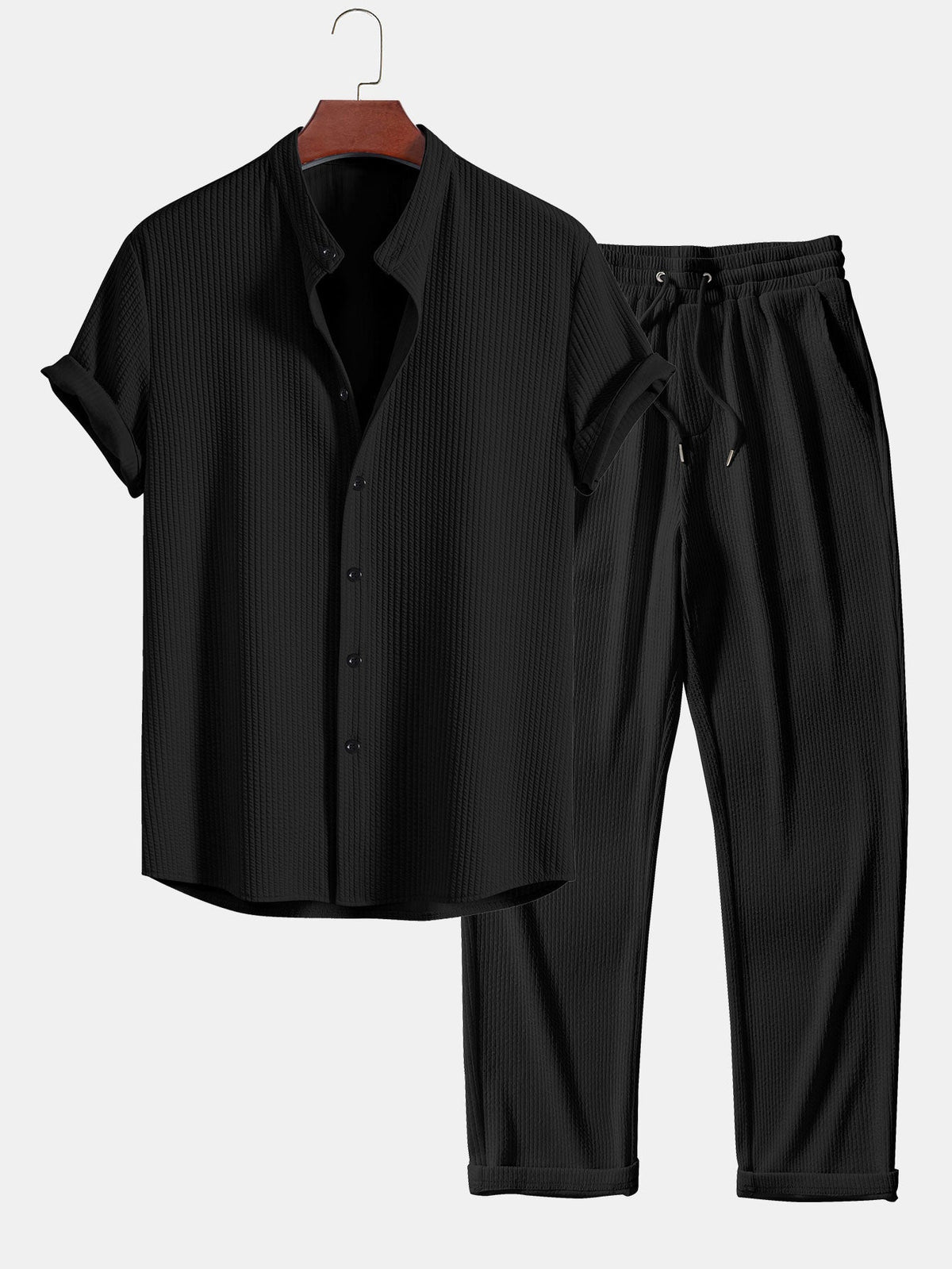 Camisa ajustada musculosa con cuello alto acanalado & Pantalones acanalados de pierna recta