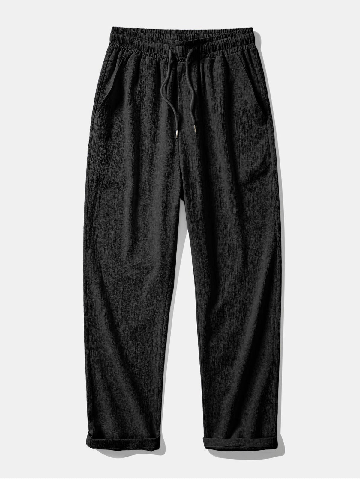 Camisa de lino de manga corta con cuello mao y pantalones de pierna recta con textura arrugada