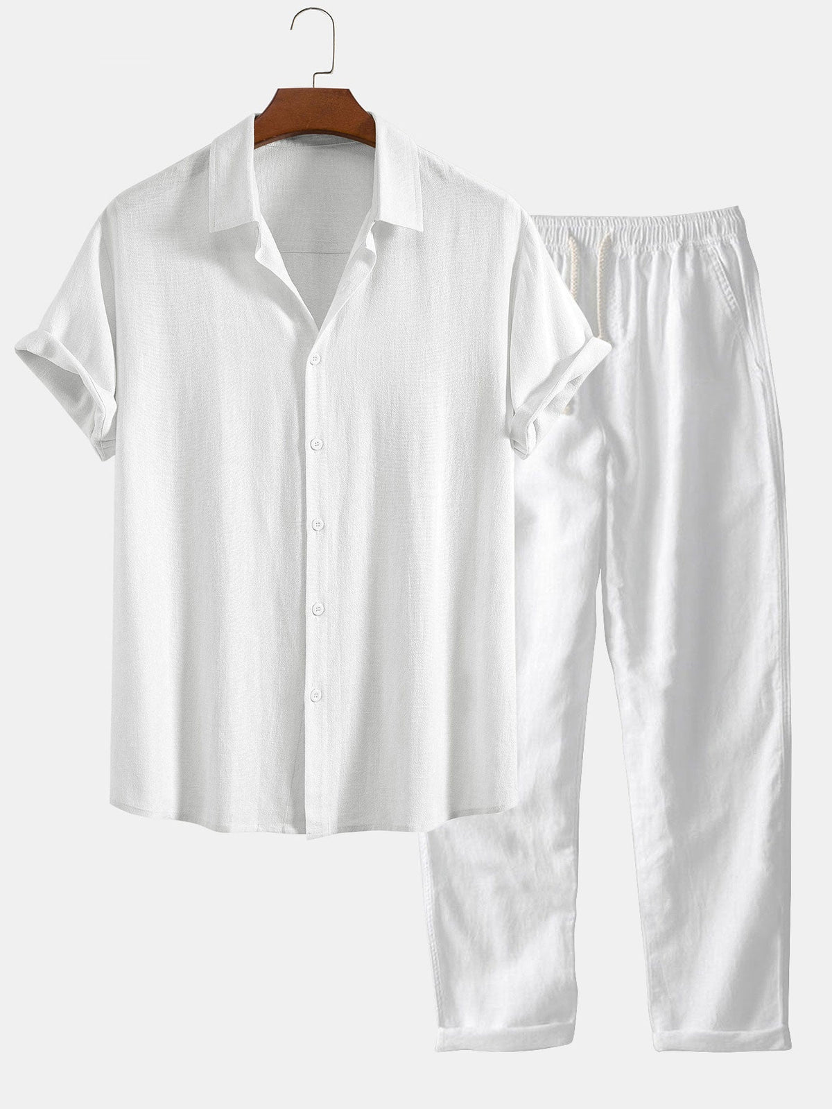 Camisa de Botones de Mezcla de Lino y Rayón y Pantalones de Lino de Pierna Recta