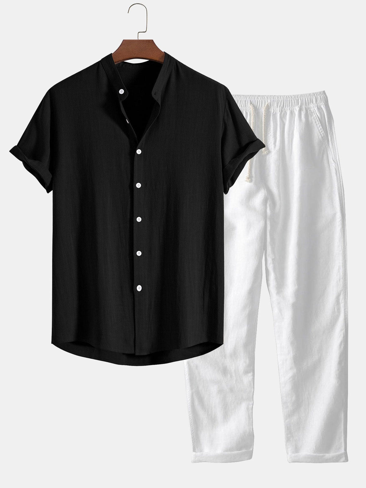 Camisa con Cuello de Pie de Mezcla de Lino y Rayón y Pantalones de Lino de Pierna Recta