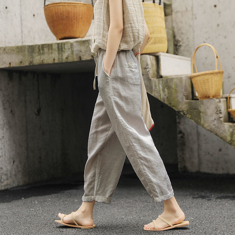 Pantalón casual holgado de algodón y lino con cordones, de color liso