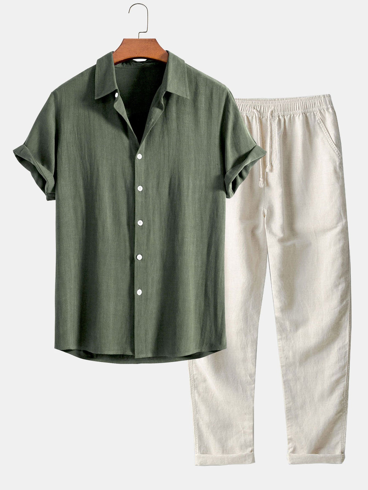 Camisa de Botones de Mezcla de Lino y Rayón y Pantalones de Lino de Pierna Recta