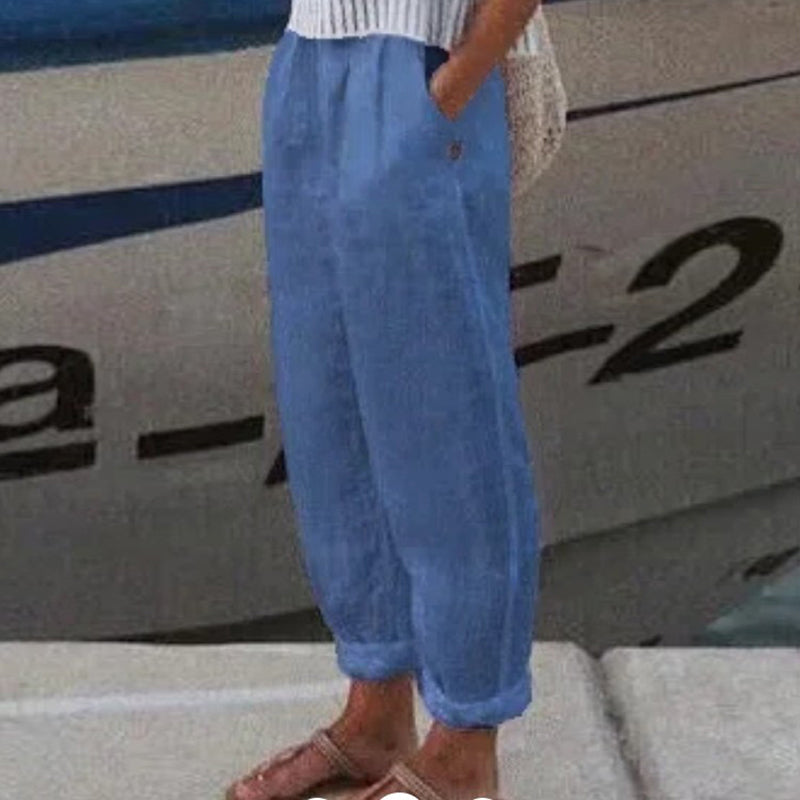 Pantalón casual de algodón y lino de color liso