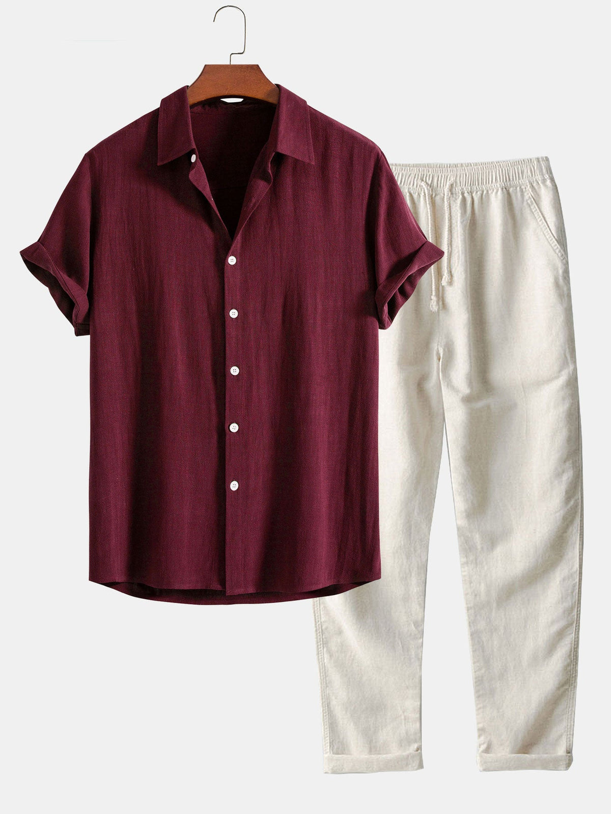 Camisa de Botones de Mezcla de Lino y Rayón y Pantalones de Lino de Pierna Recta