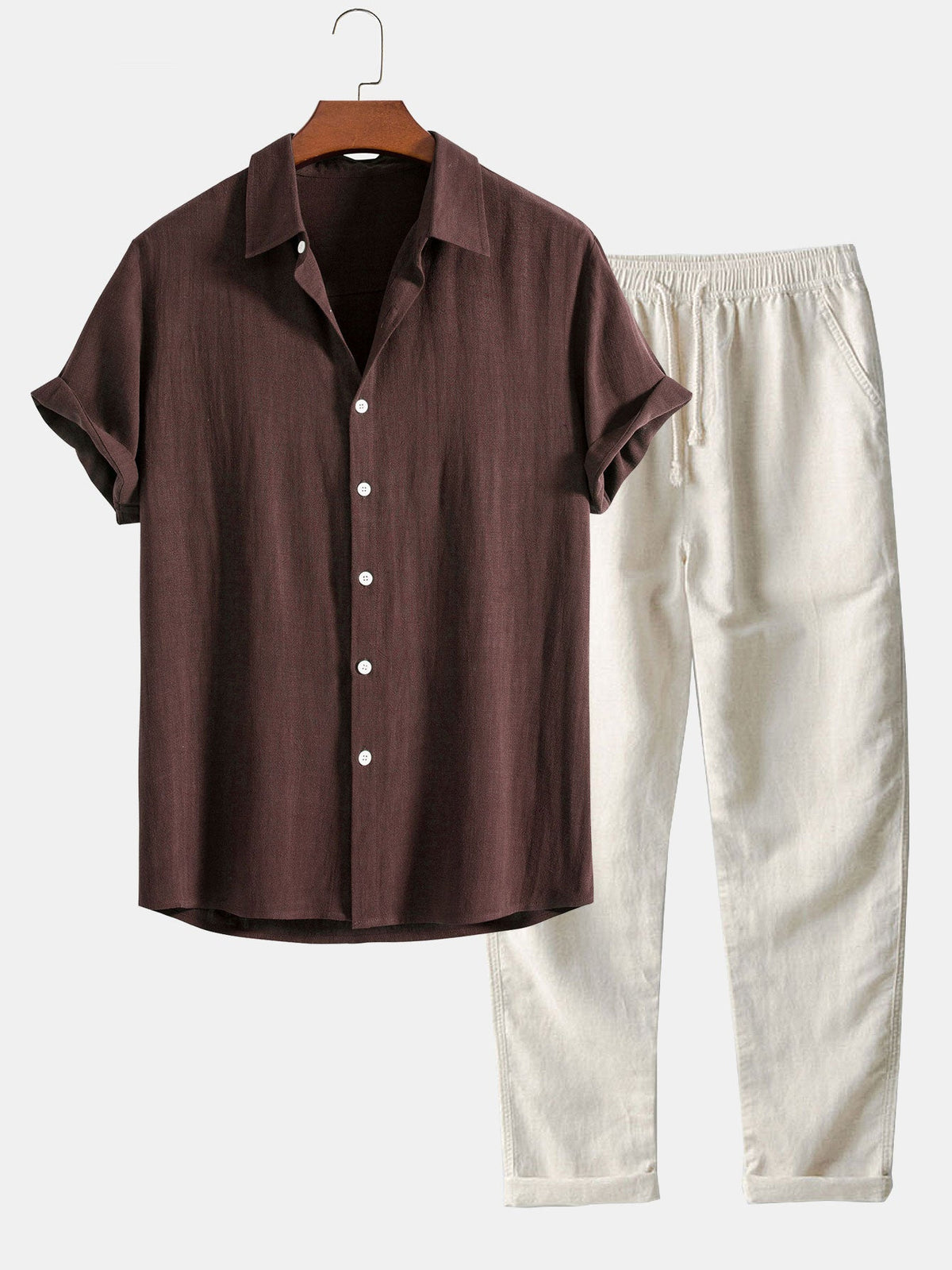 Camisa de Botones de Mezcla de Lino y Rayón y Pantalones de Lino de Pierna Recta