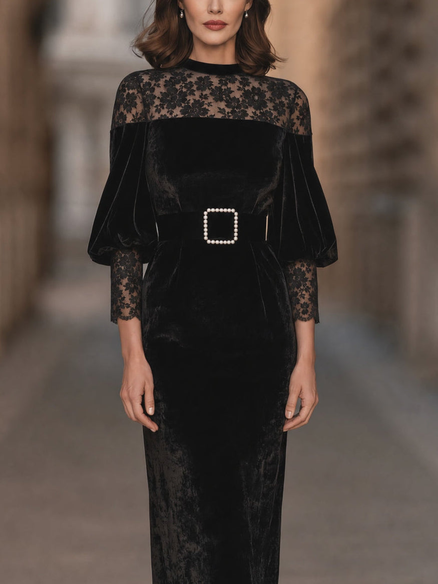 Vestido midi negro de terciopelo y encaje con mangas abullonadas y cinturón con hebilla de perlas
