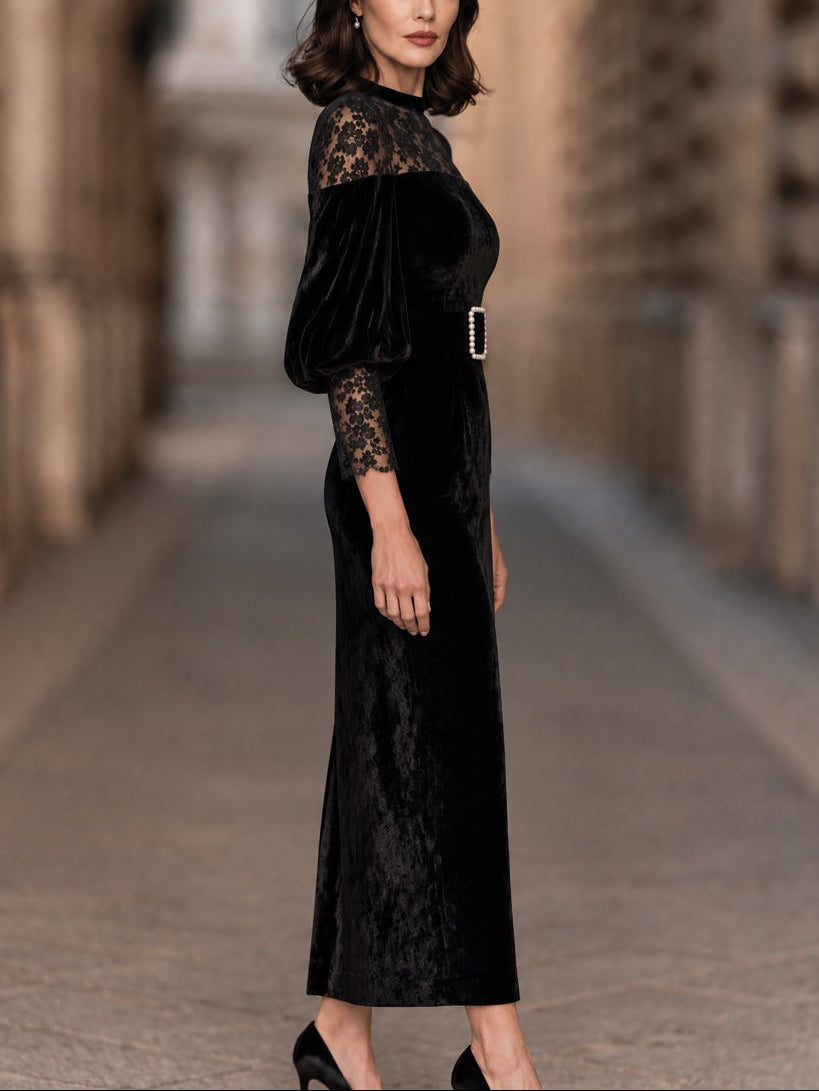 Vestido midi negro de terciopelo y encaje con mangas abullonadas y cinturón con hebilla de perlas