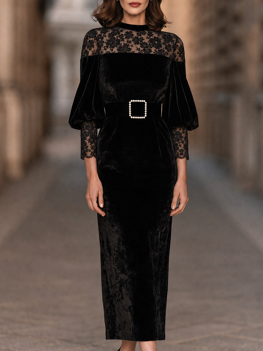 Vestido midi negro de terciopelo y encaje con mangas abullonadas y cinturón con hebilla de perlas