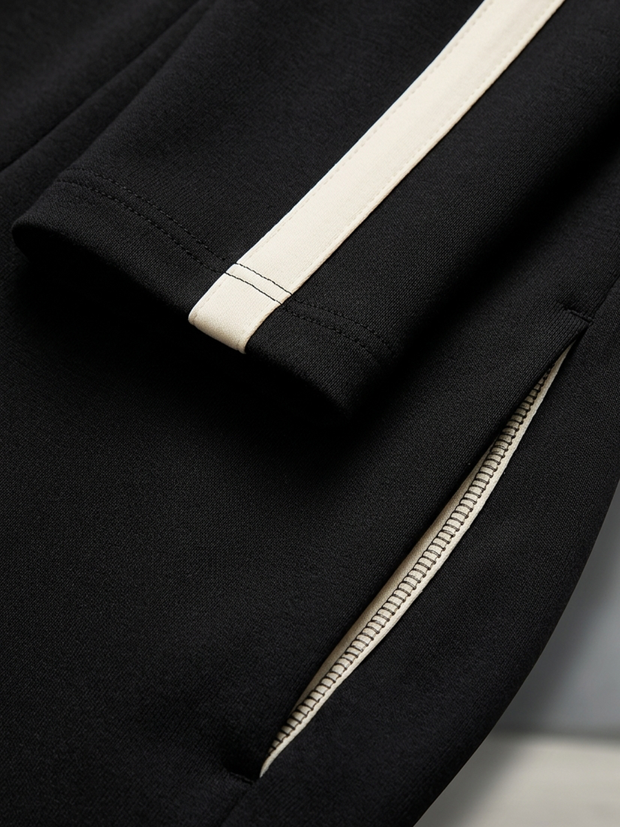 Conjunto deportivo negro con rayas en contraste, media cremallera y pantalón ancho con cordón