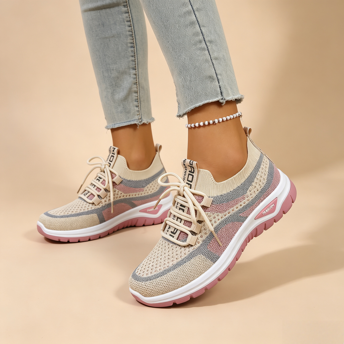 Zapatillas de malla transpirable con bloques de color y cordones