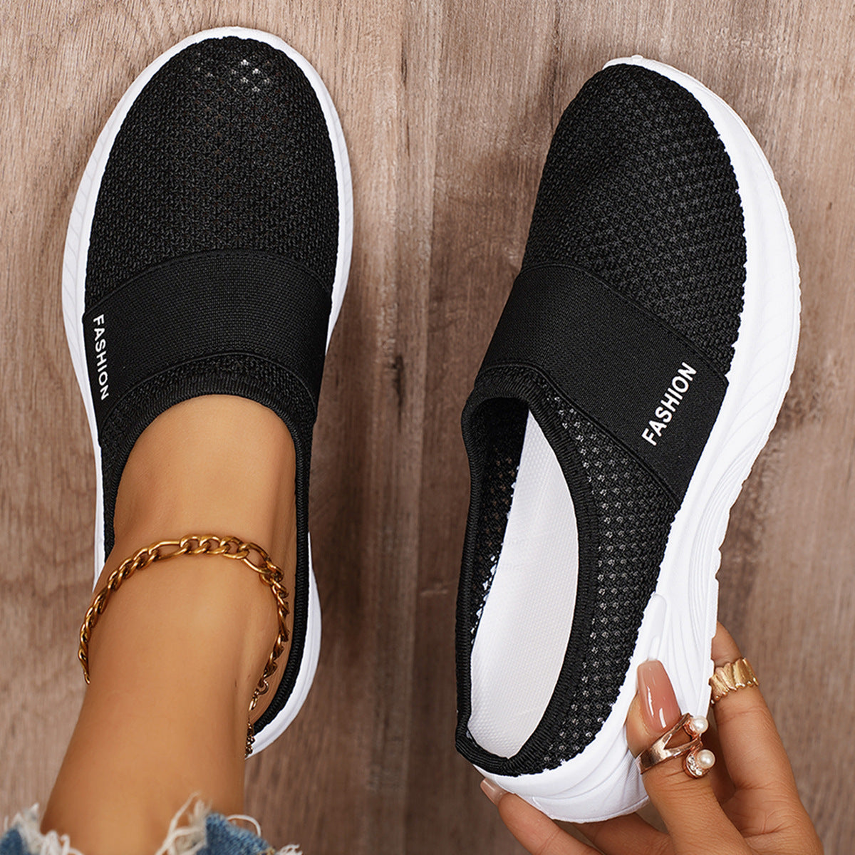 Zapatillas de malla transpirable con plataforma ligera, sin cordones