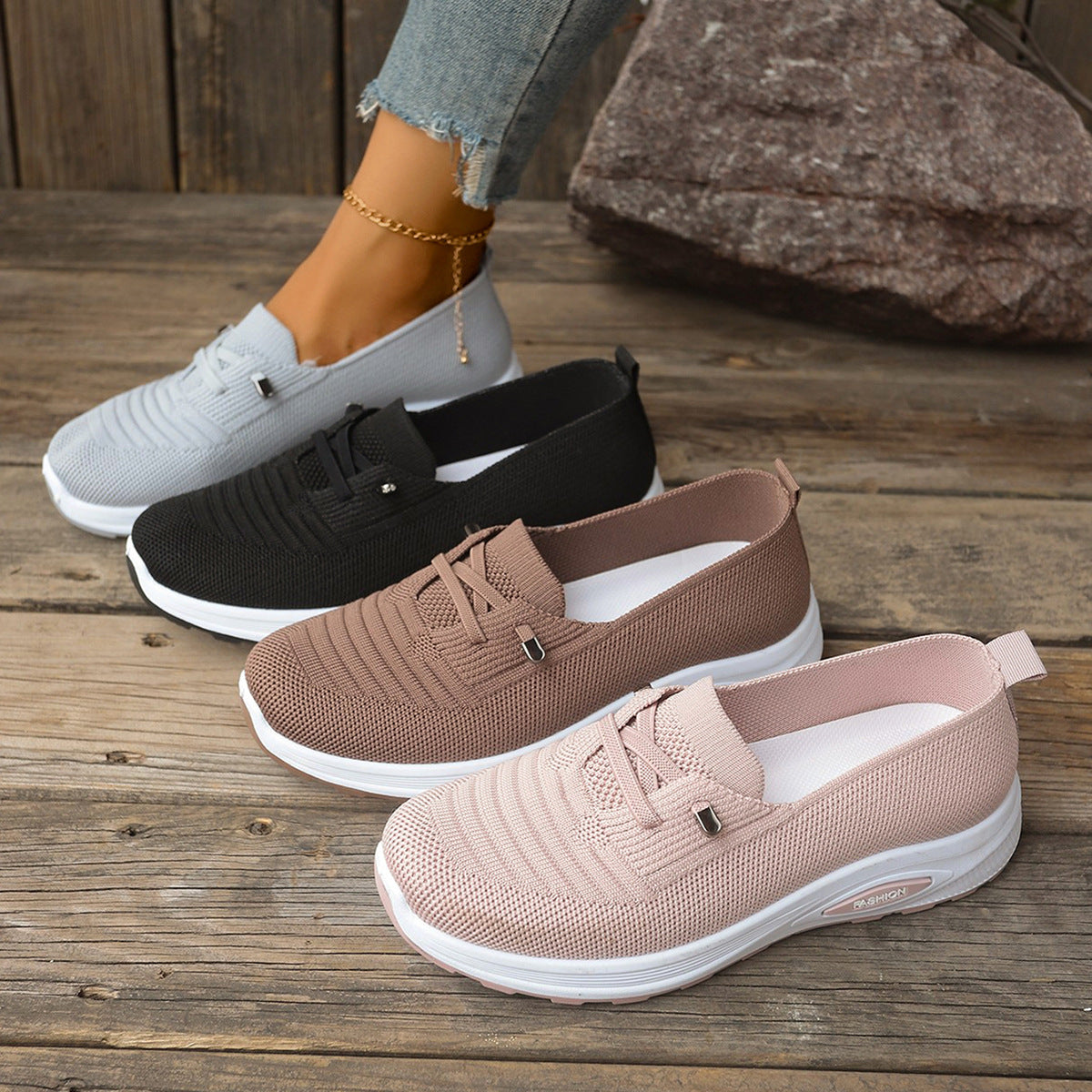 Zapatillas de punto transpirable con plataforma, sin cordones