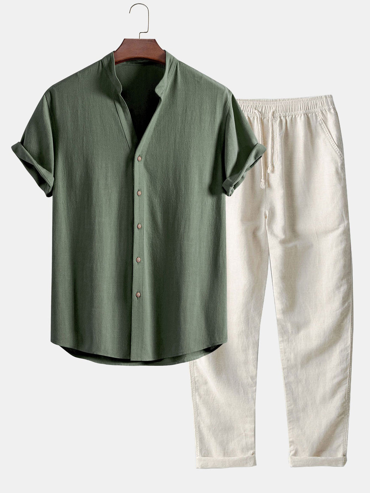Camisa de mezcla de lino y rayón con cuello en V y pantalones de lino de pierna recta